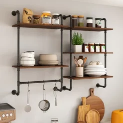 Industrial Pipe Shelf 3 Tier And 2 Tier Wall Mounted Shelves 36in Wood Display Shelves, And 3 Additional Hooks,Farmhouse Kitchen Bar Shelf -Bold Design Store GUEST 8c478615 cf2e 492a ae72 f1d3f68e2498
