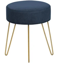 Ottoman, Pouf, Footrest, Foot Stool, 14in Round, Blue Fabric, Gold Metal Legs, Contemporary, Modern
