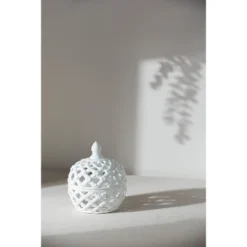 D8x9.5in White Ceramic Lidded Jar With Lattice Design 14 D8x9.5in White Ceramic Lidded Jar With Lattice Design -Bold Design Store GUEST 9155530d 3820 448f 8147 e74ad38df82c