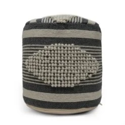 Diamond Handcrafted Fabric Cylindrical Pouf, Beige And Dark Grey