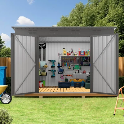 4 X 9 FT Outdoor Storage Shed, Metal Garden Shed Tool House With Sloping Roof,6 Vents And 2 Swing Doors For Backyard, Garden,Patio, Garage, Lawn, Gray 7 4 X 9 FT Outdoor Storage Shed, Metal Garden Shed Tool House With Sloping Roof,6 Vents And 2 Swing Doors For Backyard, Garden,Patio, Garage, Lawn, Gray - Image 7