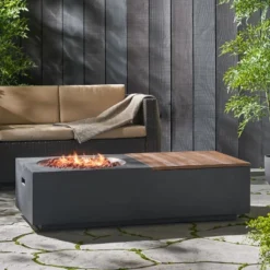 Outdoor 50,000 BTU Lightweight Concrete Rectangular Fire Pit Table With Storage, Dark Gray And Natural Brown (Tank Cover Not Included) -Bold Design Store GUEST 984bace9 c2bf 469a adf3 1c8df53e4aae