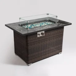44" Propane Gas Fire Pit Table, 50000 BTU Rectangular Fire Pit, Tile Tabletop With Beautiful Wicker Base For Outside Patio Deck Garden Courtyard-Brown -Bold Design Store GUEST 9b06717e fdbb 4327 8b62 bf95af5a3445