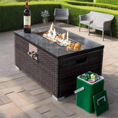 32" Propane Gas Fire Pit Table, 50000 BTU Rectangular Fire Pit, Tile Tabletop With Beautiful Wicker Base For Outside Patio Deck Garden Courtyard-Brown 12 32" Propane Gas Fire Pit Table, 50000 BTU Rectangular Fire Pit, Tile Tabletop With Beautiful Wicker Base For Outside Patio Deck Garden Courtyard-Brown - Image 12