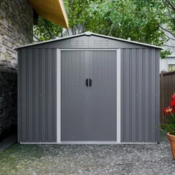 8x6 FT Outdoor Tool Storage Shed With Metal Foundation & Lockable Doors, All Weather Metal Sheds For Garden, Patio, Backyard, Lawn, Gray -Bold Design Store GUEST 9d2cbb17 35d6 4233 a1ad 516141c99808