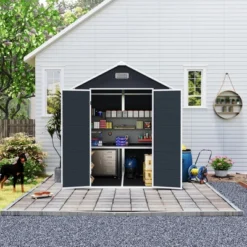 6*6ft Resin Storage Shed, High Quality Pp Material, Rust And UV Proof, Large Storage Space, 12mm Thick Pp Board, HD Window Lighting Dark Gray -Bold Design Store GUEST a07144e9 6c14 41f9 9008 f7072882095d