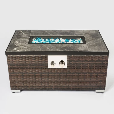 32" Propane Gas Fire Pit Table, 50000 BTU Rectangular Fire Pit, Tile Tabletop With Beautiful Wicker Base For Outside Patio Deck Garden Courtyard-Brown 3 32" Propane Gas Fire Pit Table, 50000 BTU Rectangular Fire Pit, Tile Tabletop With Beautiful Wicker Base For Outside Patio Deck Garden Courtyard-Brown - Image 3