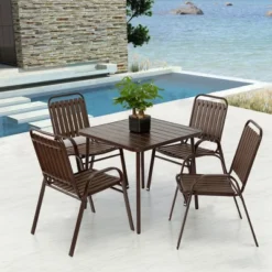 5-Piece Plastic Chair And Steel Table Outdoor Dining Set, Plastic Chairs And Table Set For Garden Patio, Brown -Bold Design Store GUEST a926b1d0 fcbe 4717 81c4 af56c503dce1