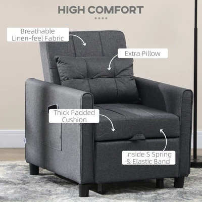 HOMCOM 3-in-1 Convertible Chair Bed, Multi-Functional Single Sofa Bed, Polyesterll Out Sleeper Chair With Adjustable Backrest, Pillow, And Pockets 3 HOMCOM 3-in-1 Convertible Chair Bed, Multi-Functional Single Sofa Bed, Polyesterll Out Sleeper Chair With Adjustable Backrest, Pillow, And Pockets - Image 3