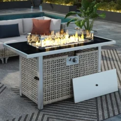 43" Propane Gas Fire Pit Table, 60000 BTU Rectangular Open Weave Wicker Fire Pit With Glass Wind Guard For Outside Patio Deck Garden Backyard - Grey -Bold Design Store GUEST aaa6841f 74a2 4654 9827 367cf2ffb7ef