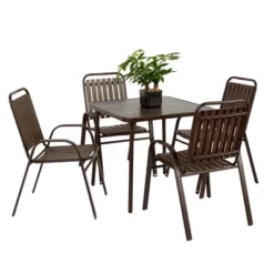 5-Piece Plastic Chair And Steel Table Outdoor Dining Set, Plastic Chairs And Table Set For Garden Patio, Brown -Bold Design Store GUEST ad97d84c f3ba 49ae 8c62 d3926a56ca89