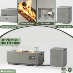 42" Propane Gas Fire Pit Table 2-Pieces, 50000 BTU Rectangular Steel Fire Pit With Glass Wind Guard For Outside Patio Deck Garden Courtyard -Gray -Bold Design Store GUEST ae3197fc 2810 4de1 9f4c d87ac4e53c25