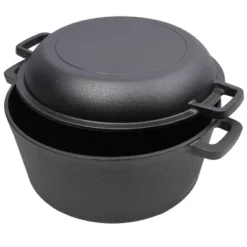 2 In 1 Pre-Seasoned Cast Iron Dutch Oven With Dual Handles, Outdoor Camping Deep Pot For Cooking BBQ Baking Campfire, 5 Quart.With 1pc Iron Pot Rack.