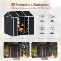 8*7ft Outdoor Storage Shed, Outdoor Resin Shed With Two-Window And Double-Door, Plastic Shed With Floor For Garden, Patio, Yard, Lawn (Dark Gray)