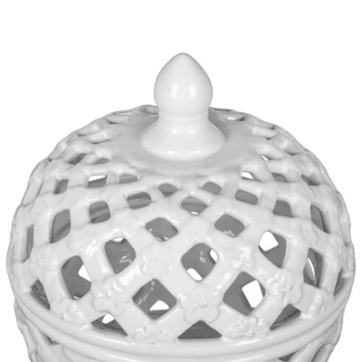 D8x9.5in White Ceramic Lidded Jar With Lattice Design 2 D8x9.5in White Ceramic Lidded Jar With Lattice Design - Image 2