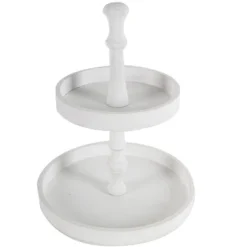 D11.8x15.4in Two-Tiered Round Wooden Tray, White