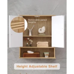 Bathroom Wall Cabinet With Double - Door, Bottom Shelf, Wavy - Patterned Doors, Adjustable Inner Shelf, Easy Installation, White & Natural Wood -Bold Design Store GUEST b8aa89f5 891b 4b96 b857 5beaa1568a7e