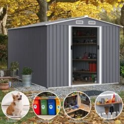 Outdoor Storage Shed 8 X 12FTLarge Metal Tool Sheds, Heavy Duty Storage House With Sliding Doors With Air Vent To Store Bikes, Tools,Grey