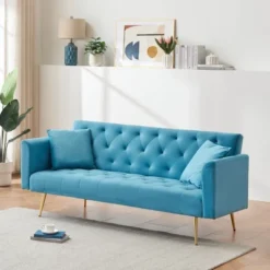 71 Inch Convertible Love Seat Sofa, American Retro, Light Blue Polyester, Suitable For Small Living Room, Bedroom, Office
