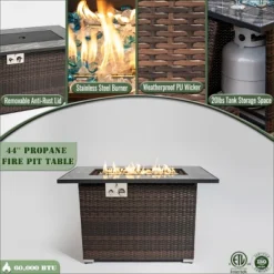 44" Propane Gas Fire Pit Table, 50000 BTU Rectangular Fire Pit, Tile Tabletop With Beautiful Wicker Base For Outside Patio Deck Garden Courtyard-Brown -Bold Design Store GUEST c4fc3fc9 f3d8 4f4c b013 3e4f95da5f0c