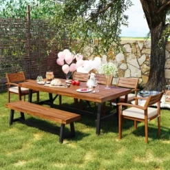 GO Outdoor Wood Dining Set For 7-8 Person, Outdoor Dining Furniture With Removable Cushions, Ergonomic Chairs And Bench, Thicker Table, Nature -Bold Design Store GUEST cbd9ac56 8e4e 4281 b788 6e84083a77aa