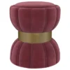 1pc Round Upholstered Ottoman Pouf Berry Velvety Soft Upholstery Vertical Ribbing Hourglass Silhouette Wide Metal Band Footrest Seat Makeshift Table