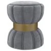 1pc Round Upholstered Ottoman Pouf Grey Velvety Soft Upholstery Vertical Ribbing Hourglass Silhouette Wide Metal Band Footrest Seat Makeshift Table