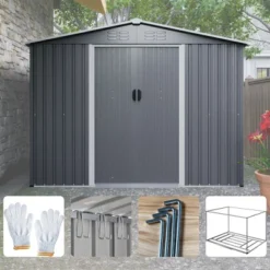 8x6 FT Outdoor Tool Storage Shed With Metal Foundation & Lockable Doors, All Weather Metal Sheds For Garden, Patio, Backyard, Lawn, Gray -Bold Design Store GUEST d017979a 6342 4850 9ede 1fcac51b3c1b
