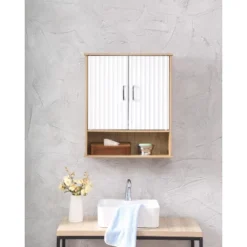 Bathroom Wall Cabinet With Double - Door, Bottom Shelf, Wavy - Patterned Doors, Adjustable Inner Shelf, Easy Installation, White & Natural Wood -Bold Design Store GUEST d03e5399 6af2 4efe 9e3c f7ba5562443f