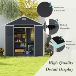 8*8ft Resin Storage Shed, High Quality Pp Material, Strong Structure, Waterproof, Rust And UV Proof, Large Storage Space,12mm Thick Pp Board,Dark Gray