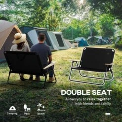 Double Folding Camping Chair, Loveseat For 2 Adults, Portable Camping Couch With Wood Armrest & Cupholders, For Backpacking, Beach, Travel, Black -Bold Design Store GUEST d4ceac5e 0564 47c7 a2ee 9f13c6dcd47e