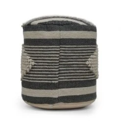 Diamond Handcrafted Fabric Cylindrical Pouf, Beige And Dark Grey -Bold Design Store GUEST d8f46424 dd75 4417 a990 f0732597769a