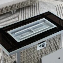 43" Propane Gas Fire Pit Table, 60000 BTU Rectangular Open Weave Wicker Fire Pit With Glass Wind Guard For Outside Patio Deck Garden Backyard - Grey -Bold Design Store GUEST dab5b998 3049 4052 bb76 5bc5f5a2ecaf