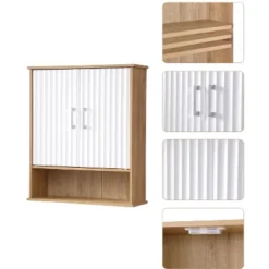 Bathroom Wall Cabinet With Double - Door, Bottom Shelf, Wavy - Patterned Doors, Adjustable Inner Shelf, Easy Installation, White & Natural Wood -Bold Design Store GUEST dfe5f701 05eb 46ec 8060 3d873e3200eb