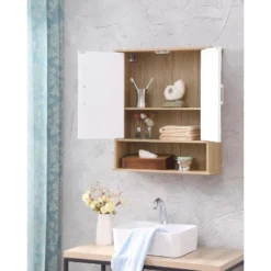 Bathroom Wall Cabinet With Double - Door, Bottom Shelf, Wavy - Patterned Doors, Adjustable Inner Shelf, Easy Installation, White & Natural Wood -Bold Design Store GUEST e06a0115 6e32 4316 b388 3cfd43e05c62