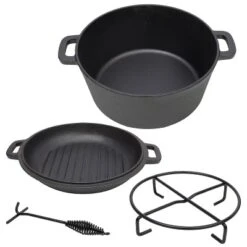3 In 1 Pre-Seasoned Cast Iron Dutch Oven,Camping Deep Pot, 5 Quart.Cover As A Skillet With Ribbed Bottom Design.With 1PC Iron Pot Rack,1PC Lid Lifter.