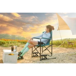 Outdoor Freestyle Rocker Camping Chair Portable Folding Rocking Chair With Solid, Durable Armrests, Drink Holder & Comfortable Backrest -Blue