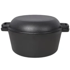 2 In 1 Pre-Seasoned Cast Iron Dutch Oven With Dual Handles, Outdoor Camping Deep Pot For BBQ Baking, 5 Quart.With 2pcs Silicone Handel Covers