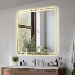 36*36in LED Bathroom Mirror, Anti-Explosion Glass, Rust-Resistant, Anti-Fog Features, Tri-Color Changing, Ideal For All Bathroom Decors