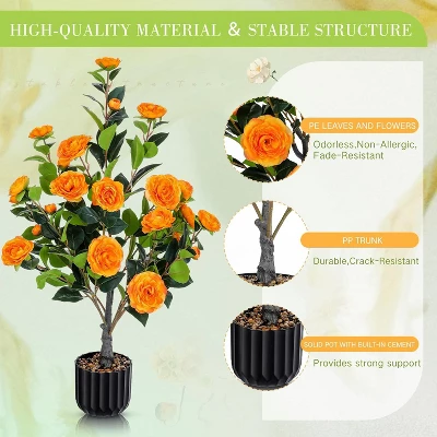 Artificial Camellia Tree 2 Pack, 36"Faux Camellia Plant In Pot With Orange Flowers, Greenery Potted Plant For Indoor Outdoor Office Home Porch Decor 2 Artificial Camellia Tree 2 Pack, 36"Faux Camellia Plant In Pot With Orange Flowers, Greenery Potted Plant For Indoor Outdoor Office Home Porch Decor - Image 2
