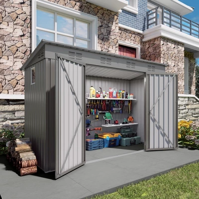 4 X 9 FT Outdoor Storage Shed, Metal Garden Shed Tool House With Sloping Roof,6 Vents And 2 Swing Doors For Backyard, Garden,Patio, Garage, Lawn, Gray 10 4 X 9 FT Outdoor Storage Shed, Metal Garden Shed Tool House With Sloping Roof,6 Vents And 2 Swing Doors For Backyard, Garden,Patio, Garage, Lawn, Gray - Image 10