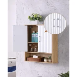 Bathroom Wall Cabinet With Double - Door, Bottom Shelf, Wavy - Patterned Doors, Adjustable Inner Shelf, Easy Installation, White & Natural Wood -Bold Design Store GUEST efebac10 fe3d 4311 a8b1 aa05668cacac