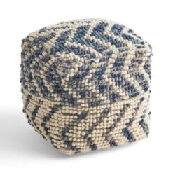 Alina Wool And Cotton Pouf, Natural And Blue -Bold Design Store GUEST f061360c ebc3 4231 8555 a6d48013e60e