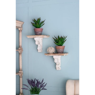 13.8x9.1x11.4" Distressed Brown And White Wooden Wall Shelf With Corbel Design 9 13.8x9.1x11.4" Distressed Brown And White Wooden Wall Shelf With Corbel Design - Image 9