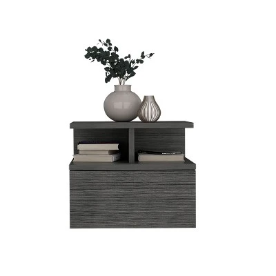 Floating Nightstand 12"H, Wall Mounted With Single Drawer And 2-Tier Shelf, Smokey Oak 3 Floating Nightstand 12"H, Wall Mounted With Single Drawer And 2-Tier Shelf, Smokey Oak - Image 3