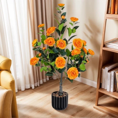 Artificial Camellia Tree 2 Pack, 36"Faux Camellia Plant In Pot With Orange Flowers, Greenery Potted Plant For Indoor Outdoor Office Home Porch Decor 1 Artificial Camellia Tree 2 Pack, 36"Faux Camellia Plant In Pot With Orange Flowers, Greenery Potted Plant For Indoor Outdoor Office Home Porch Decor