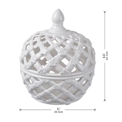 D8x9.5in White Ceramic Lidded Jar With Lattice Design 7 D8x9.5in White Ceramic Lidded Jar With Lattice Design - Image 7